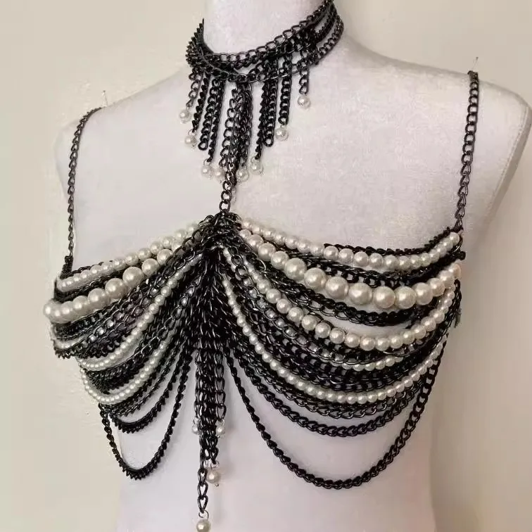 

Spice Girl fashionable and sexy pearl chain with metal neck necklace body chain, popular hot-selling accessories