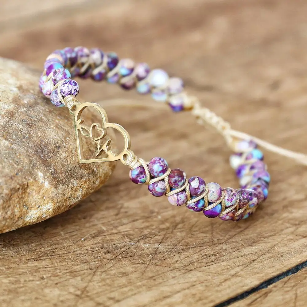 Women Handmade Jewelry 4mm Natural Stone Beads Heart Shape Braided Bracelet Double Layer Strand Beaded Charm Bracelet