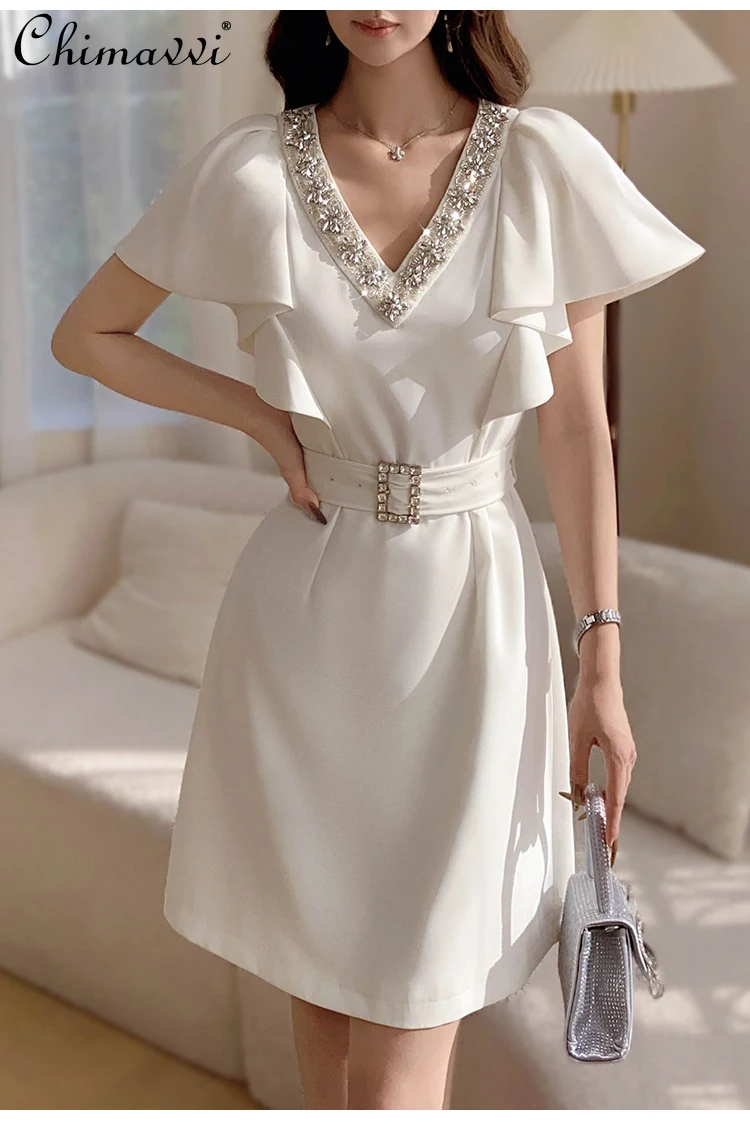 

French Elegant Luxury Rhinestone Beaded V-neck Ruffle Sleeve High Waist Belt Slim Fit A-line White Short Evening Dress Women