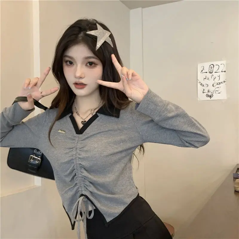 2024 Knitted Clothing V Neck Top for Women Slim Woman T-shirt Crochet Tee 90s Vintage Tshirt Goth Pulovers Elegant and Youth Xxl