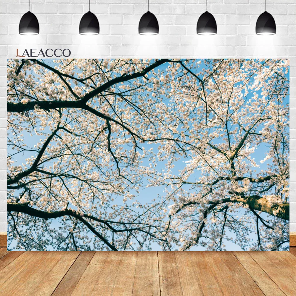 Laeacco Spring Blue Sky White Clound Pink Cherry Blossom Flowers Photography Background Kids Adults Art Portrait Photo Backdrop