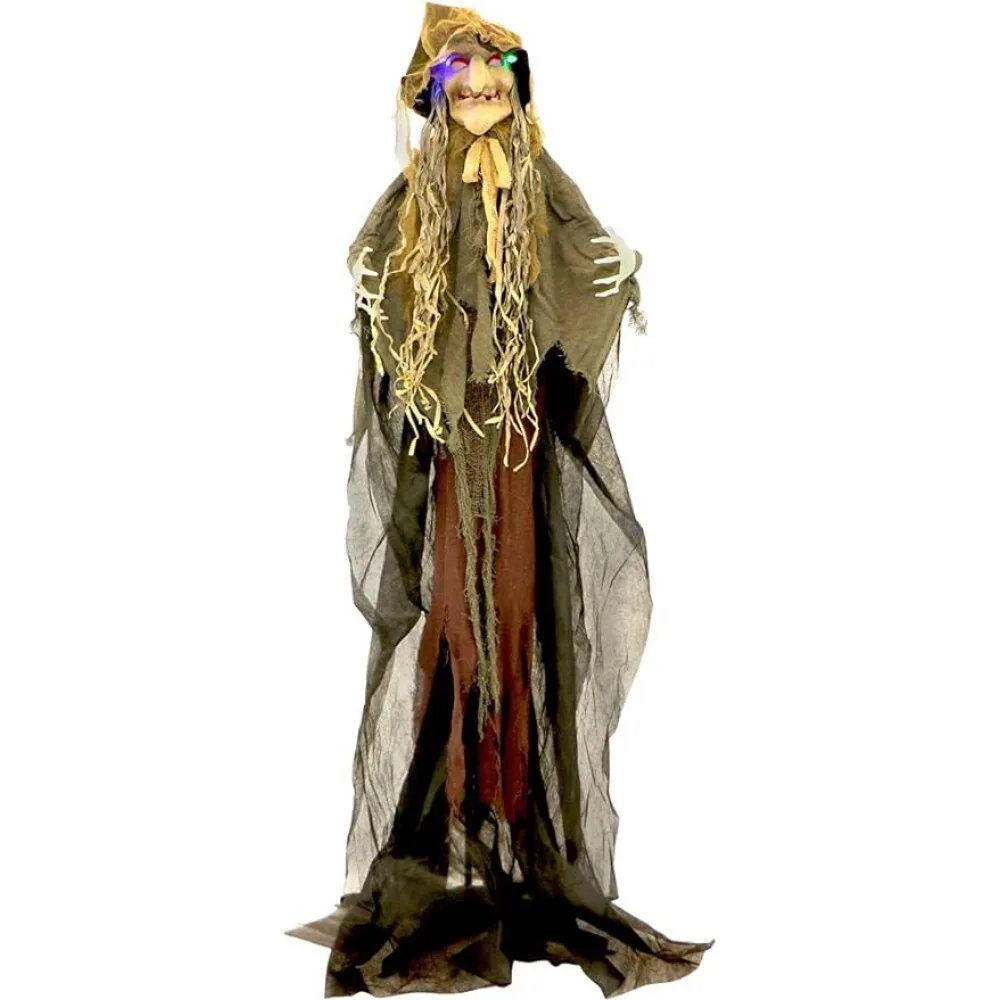 Life-Size Scary Poseable Scarecrow Witch Prop With Touch Activated Lights and Sound Outdoor Decorations Decor Home Garden