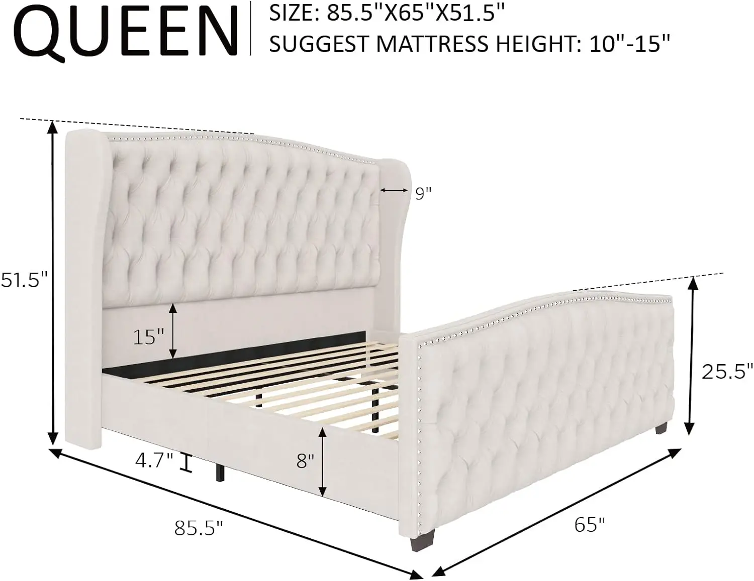 Queen Size Platform Bed Frame, Velvet Upholstered Bed with Deep Button Tufted & Nailhead Trim Wingback Headboard