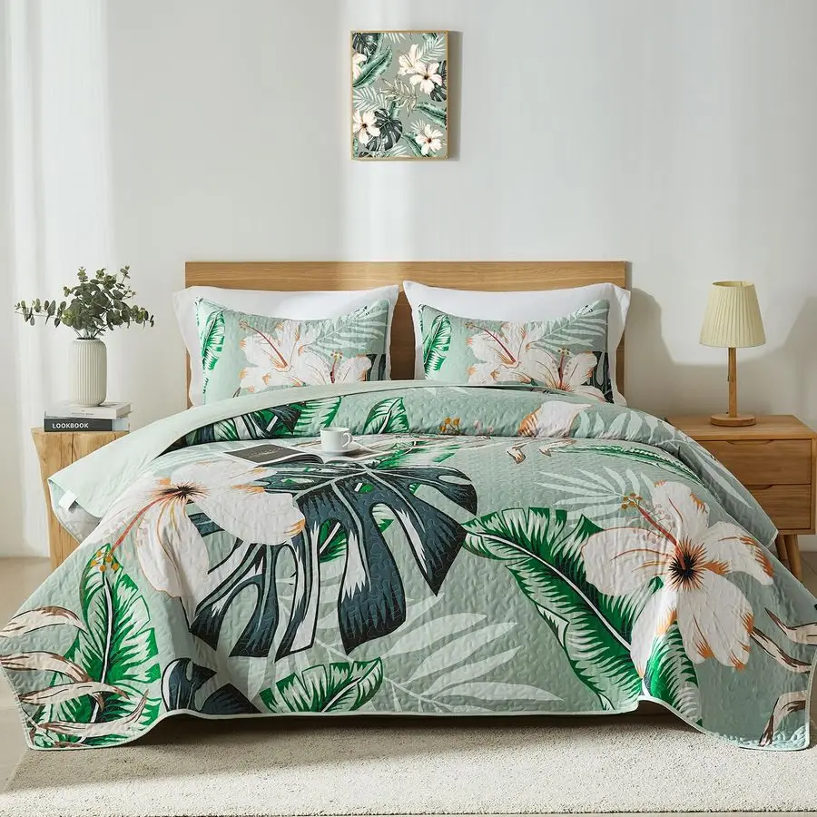 

King Quilt Bedding Set,White Botanical Pattern Sage Green King Cal King Quilt Set,3 Piece Lightweight Soft Summer Bedspread Cove