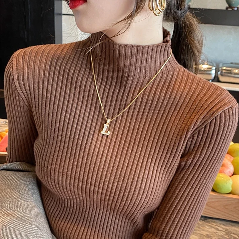 Elegant Solid Basic Knitted Tops Women Turtlneck Sweater Long Sleeve Casual Slim Pullover Korean Fashion Simple Chic Clothes