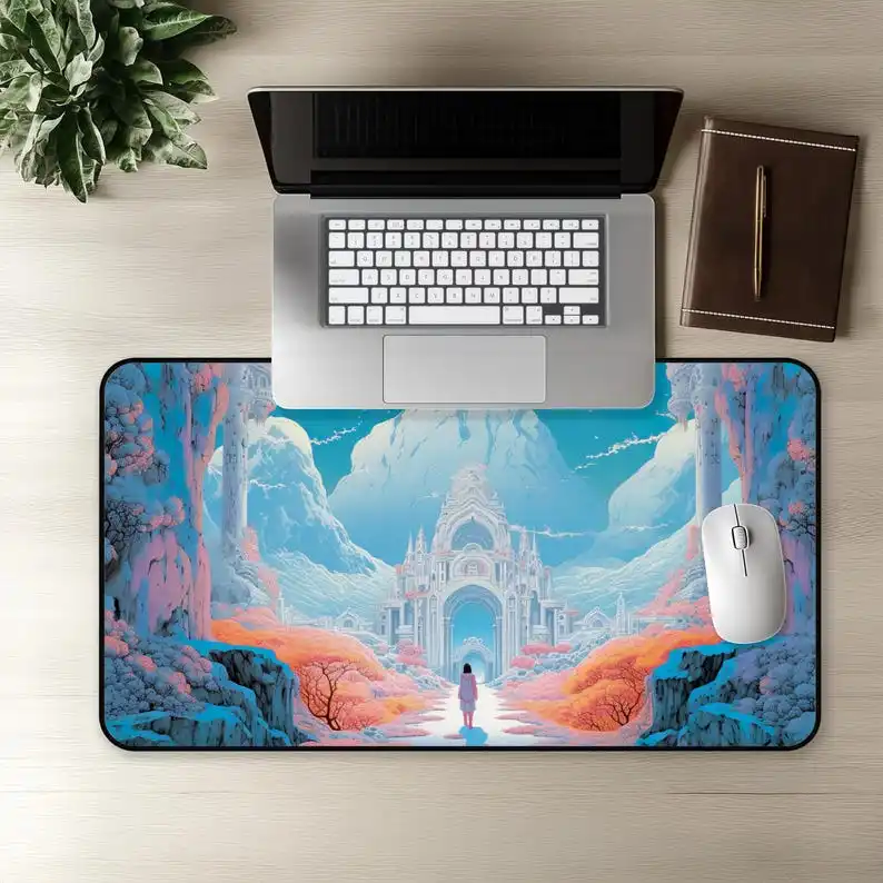 Fantasy Castle Mountain Anime Desk Mats, A Gift for Gamers, Cute Gaming Mouse Pads, Dreamy Blue and Pink Forest Ethereal XXL