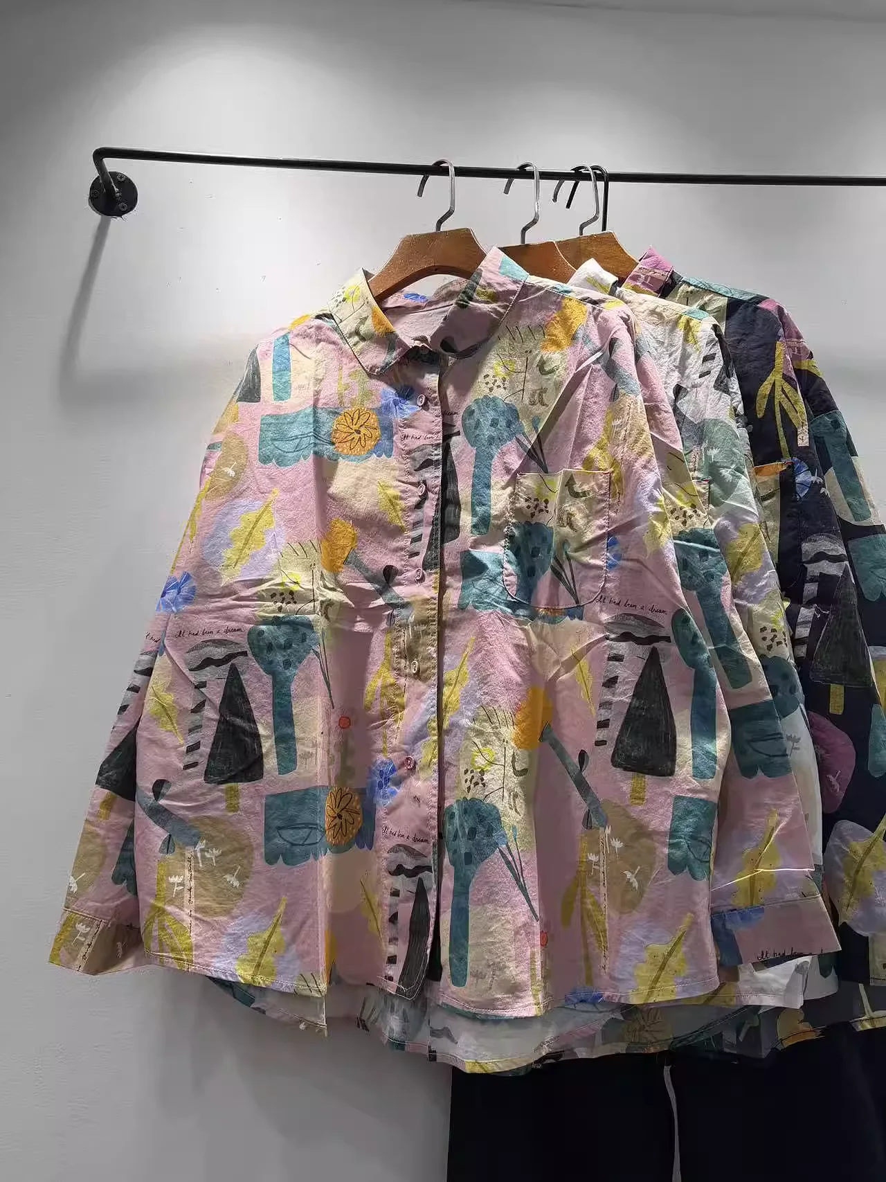 

Bust 126cm original design pure cotton oversized shirts for women spring Japan cartoon tree print shirts long sleeve blouses