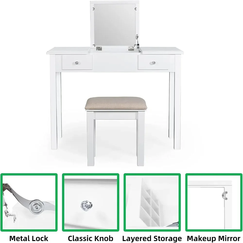 Vanity Table with Flip Top Mirror Makeup Dressing Table Writing Desk with Cushioning Makeup Stool Set