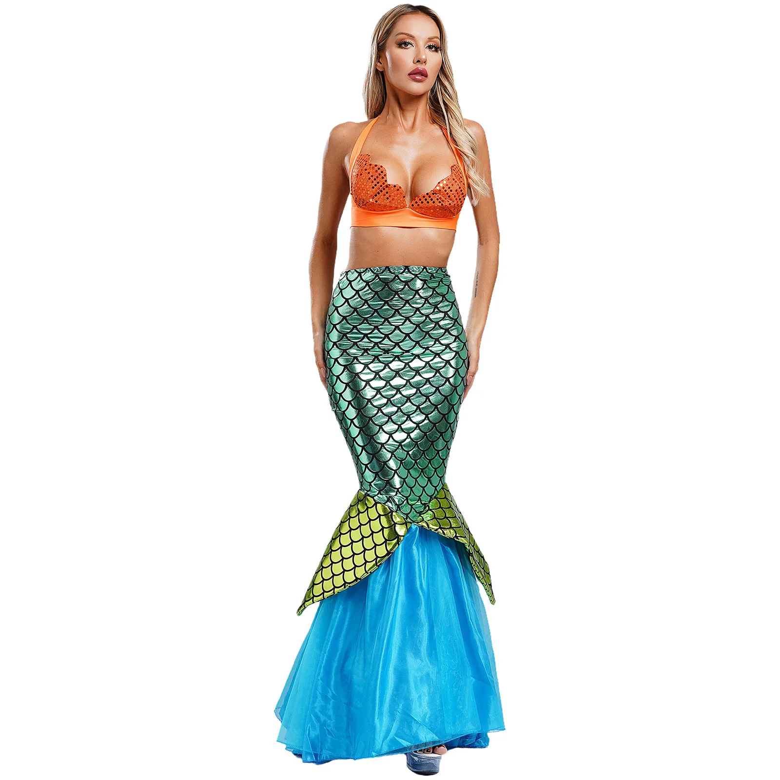 Womens Mermaid Costumes Halloween Cosplay Role Play Lace-up Bra Top with Mermaid Tail Bodycom Maxi Skirt Performance Party Set