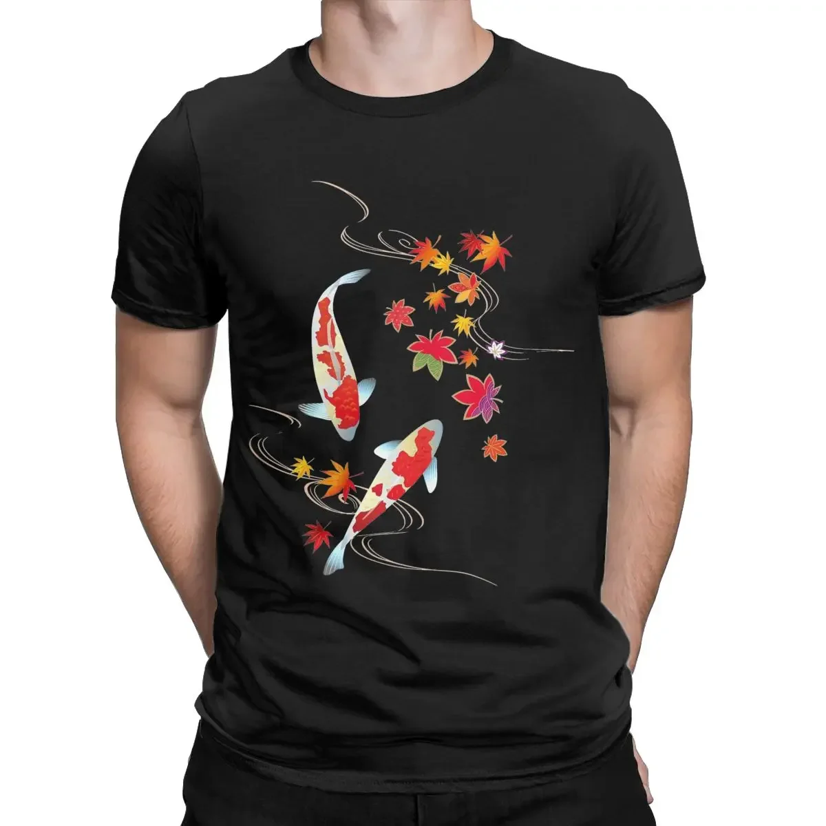 Japanese Koi Fish T-Shirts Men Autumn Leaves Cool Cotton Tees Crewneck Short Sleeve T Shirts Summer Tops