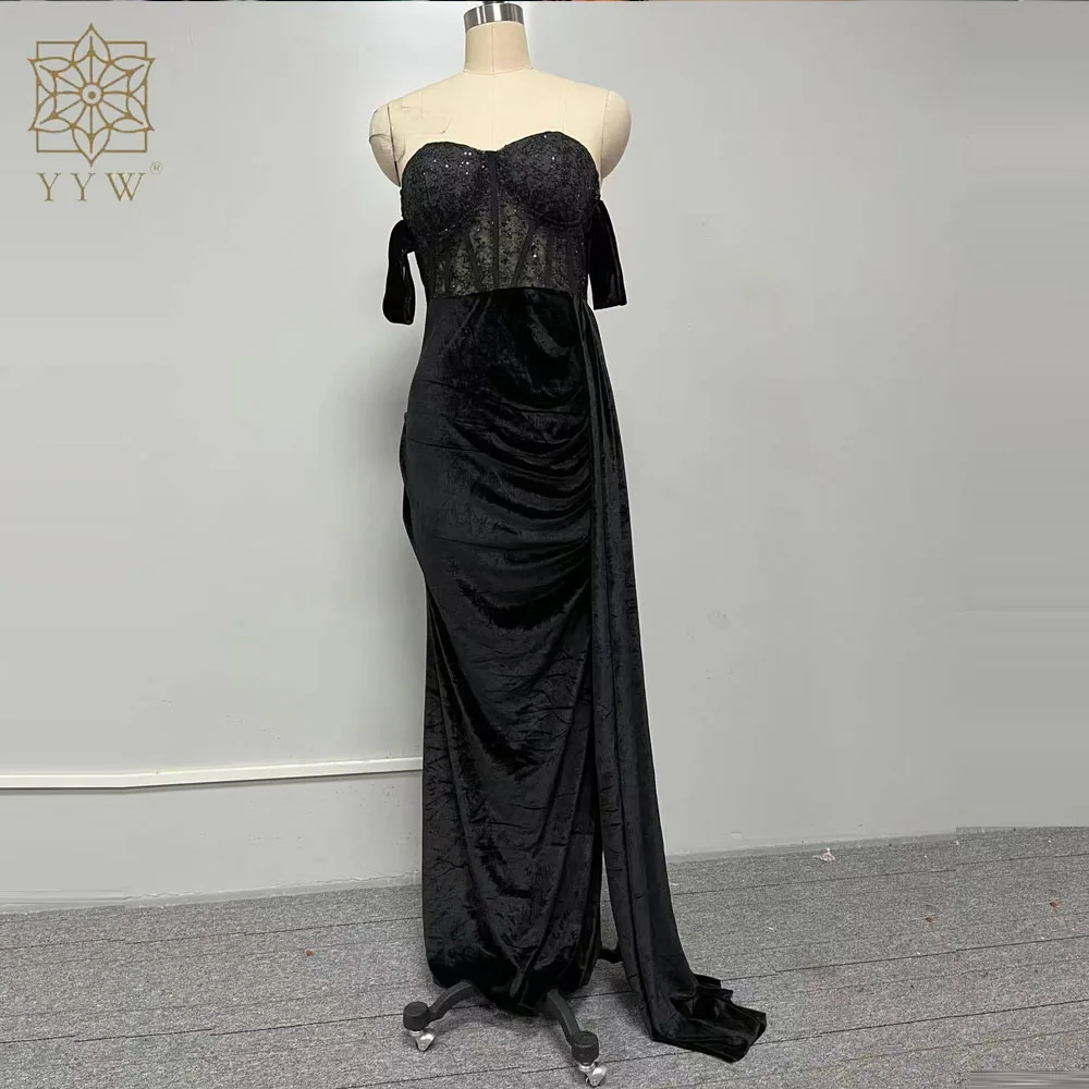 Sexy Backless Evening Party Dress for Women Prom Dress Black Lace Chest Wrapping Off the Shoulder Split Mermaid Maxi Dresses