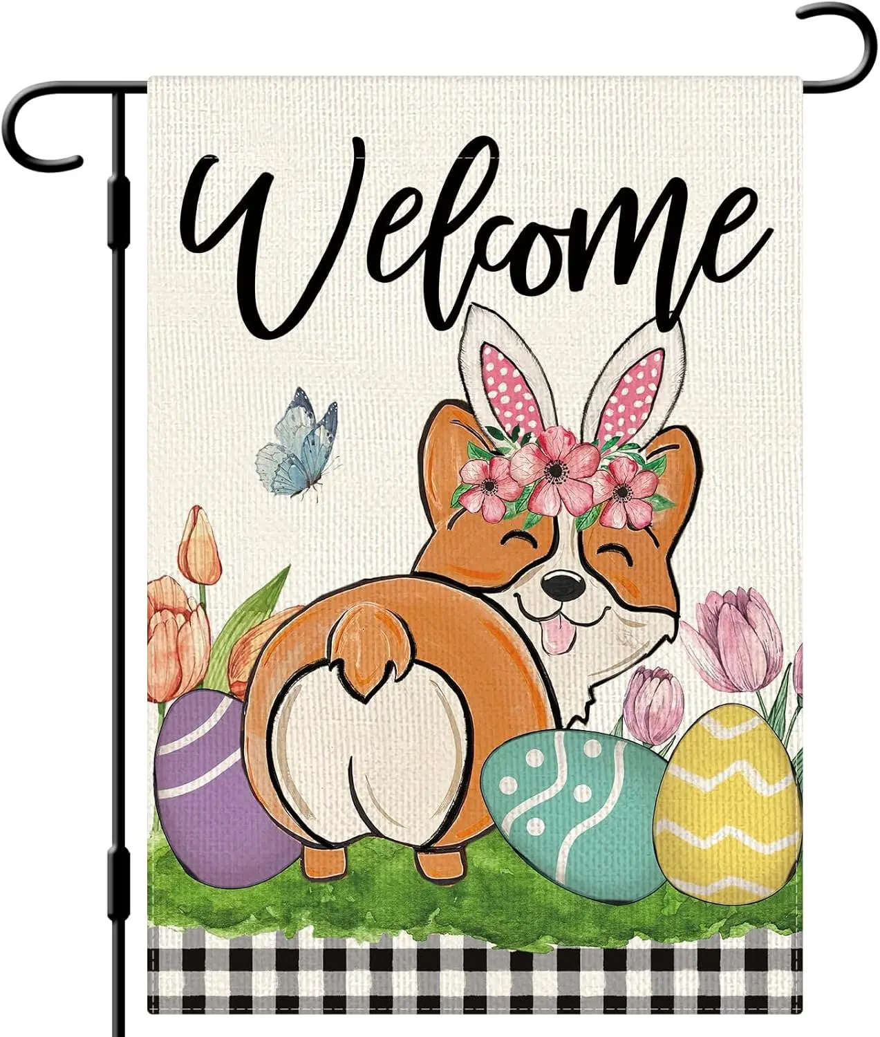 DLZDN Welcome Easter Dog Garden Flag Cute Corgi Egg Flag 12×18 Inch Double Side Buffalo Plaid Farmhouse Yard Flag Holiday Ou EEZ