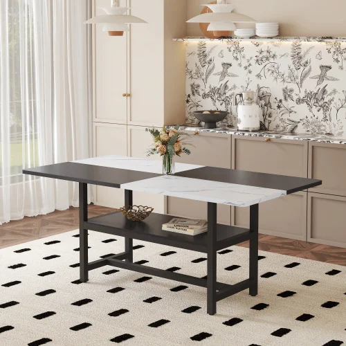 

# Modern Minimalist 71" White Black MDF Wooden Eco-Friendly Dining Table Storage Compartment 6-8 Seater Home Restaurant Table