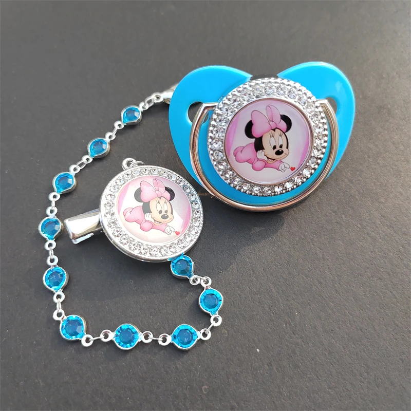 White Pearled Blue Rhinestone Handmade Minnie Mouse Luxury Fancy Dolls Pacifiers and Chain Holder with Cover Fake Dummy Soothers