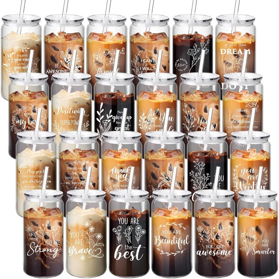 

24 Set Thank You Gifts Employee Appreciation 16 oz Reusable Plastic Coffee Cups with Lid and Straw Inspirational Design for Chr