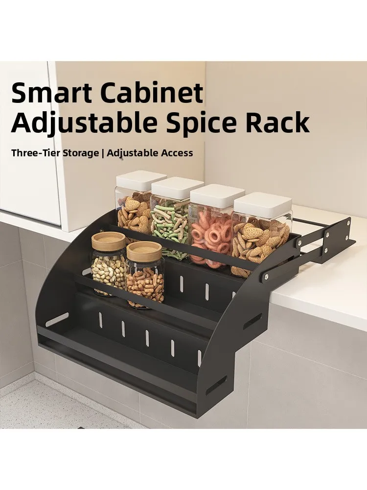 

Выдвижная корзина для специй в кухонный шкаф, регулируемая, трехъярусная, без сверления, роскошный дизайн, нержавеющая сталь...