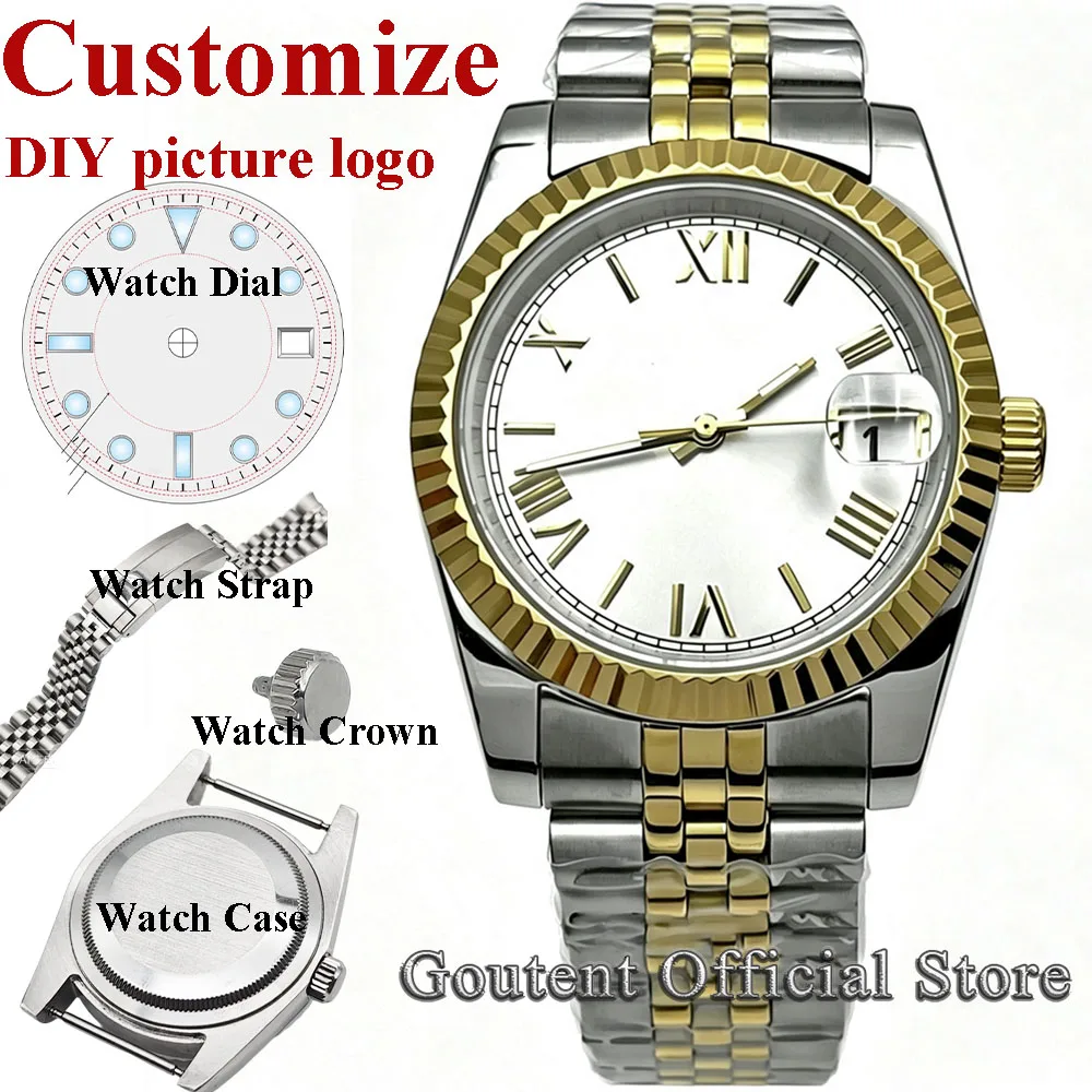 Goutent 36mm 39mm Watch Case Kit Sapphire Crystal Sterile Roman Dial Fit NH35 Automatic Movement Men‘s Custom DIY Watch