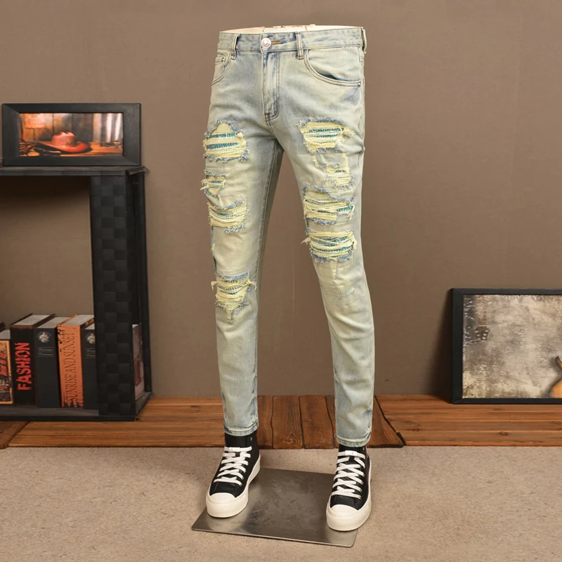 

Street Fashion Men Jeans Retro Washed Light Blue Stretch Skinny Fit Ripped Jeans Men Patched Designer Hip Hop Denim Pants Hombre