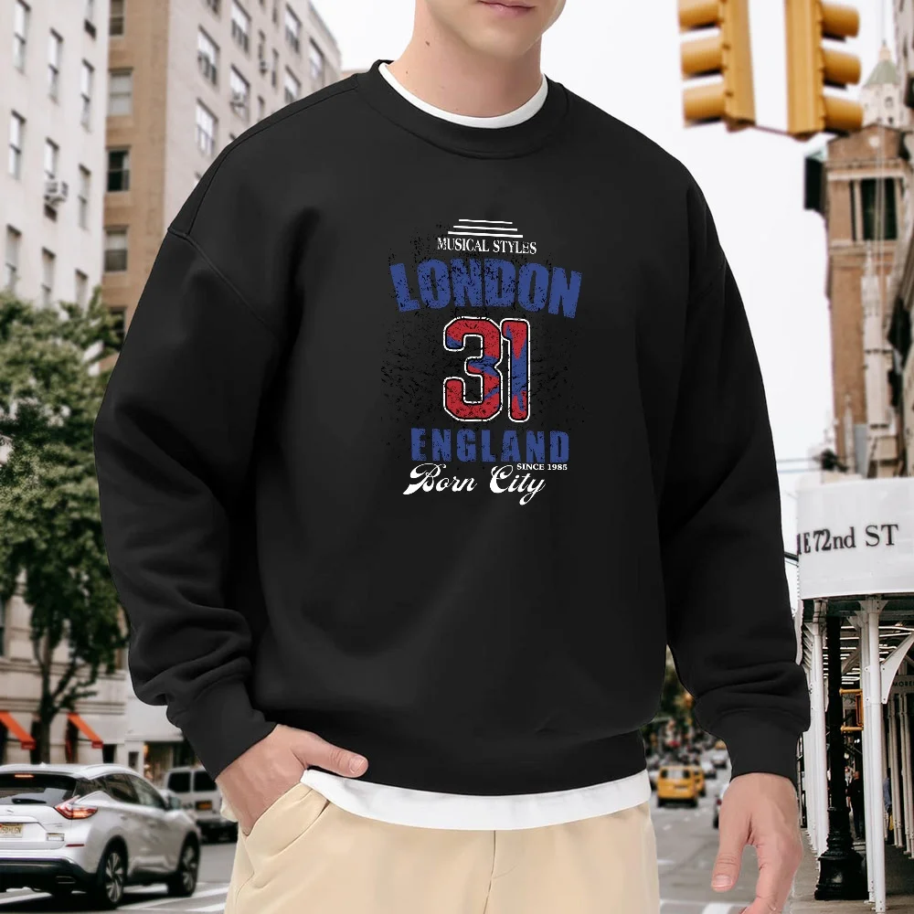

Men's Black Crew Neck Loose Sweatshirt, Vintage London Print Top, Street Casual Style, Versatile for Everyday Wear, Soft and Comfortable Trendy Item