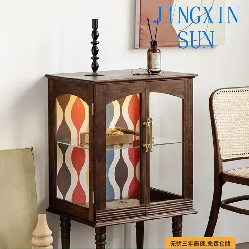 Walnut room retro glass figure display solid wood bucket cabinet sofa storage cabinet