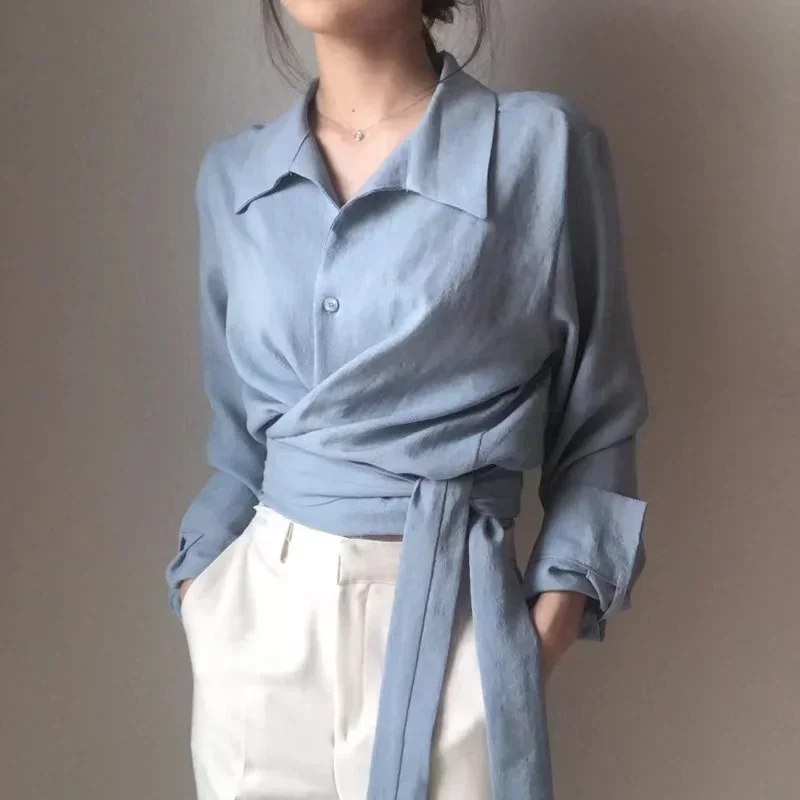 

Women Fashion Back With Bow Tied Cropped White Blouses Vintage Long Sleeve Female Shirts Blouse Chic Tops