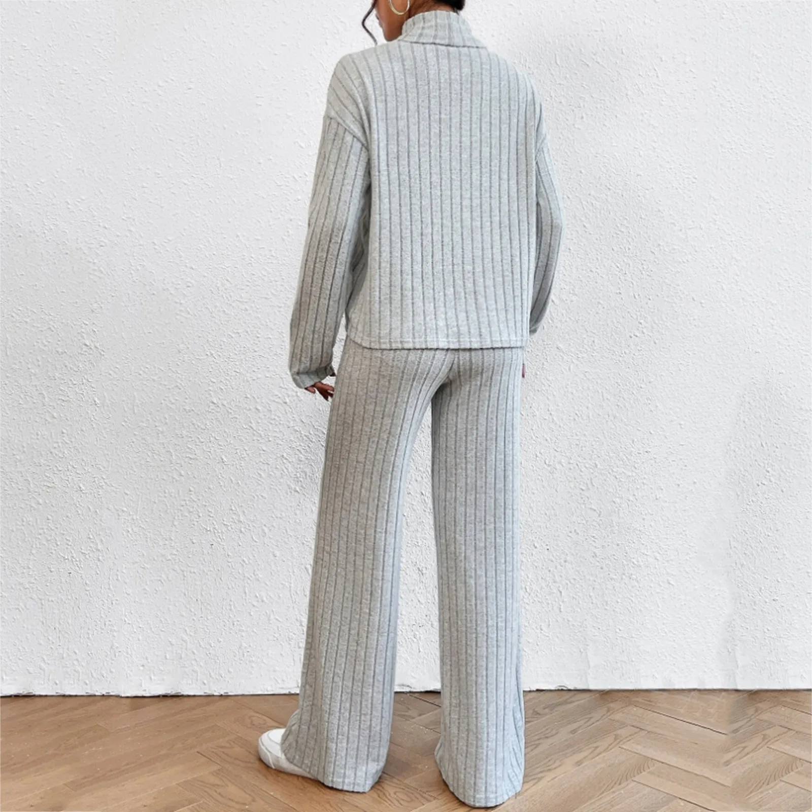 Solid Color Turtleneck Pullover And Straight-Leg Pants Knitted Sets Winter Female Warm Sweater Suits Casual Trousers Outfits