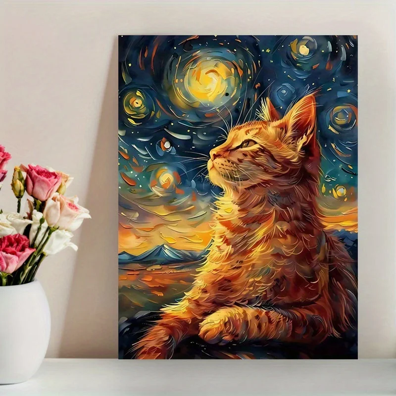 12x16 Inch Charming Orange Cat Canvas Print – Frameless Wall Art with Starry Night Sky & Roses, Unique Decor for Living Room,