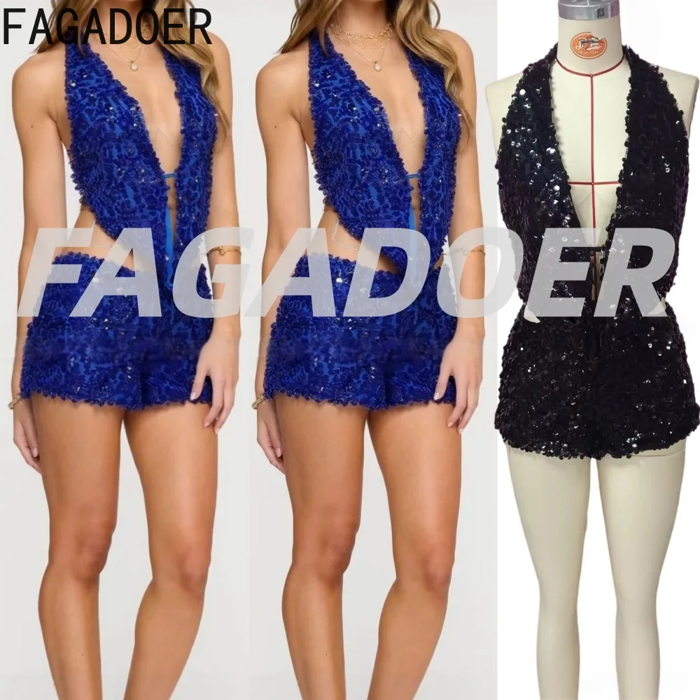 

FAGADOER Sexy Sequin Patchwork Bodycon Two Piece Outfits Woman Halter Sleeveless Backless Crop Top and Skirts Female Streetwear