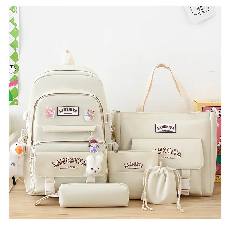 5-teiliges Set mit kostenlosen Anhängern im Waldstil, koreanische Version, lässiger Harajuku-Studentenrucksack für Mädchen mit großer Kapazität – Detail 21