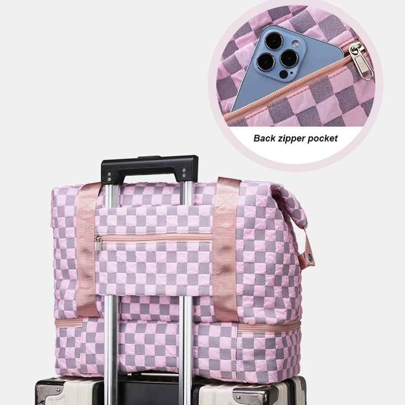 Stylish Checkerboard Pattern Duffle Handbag Large Capacity Sports Fitness Bags For Women Carry On Overnight Travel Luggage Bag