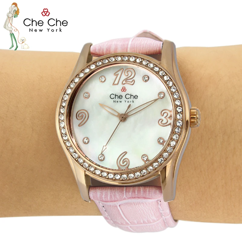 CHECHE CC010 Watch Women Leather Strap Small Dial Cute Sweet Skinny Super Fairy Fashion Temperament Stone Shell reloj mujer