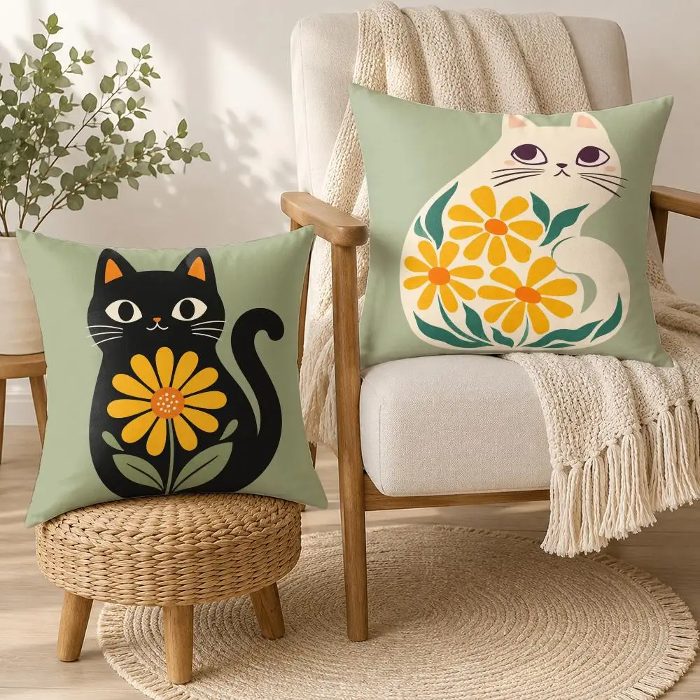 Forest-style Daisy And Cat Print Cushion Cover Square Decorative Throw Pillow 40x40cm For Sofa Bedroom Living Room Home Decor