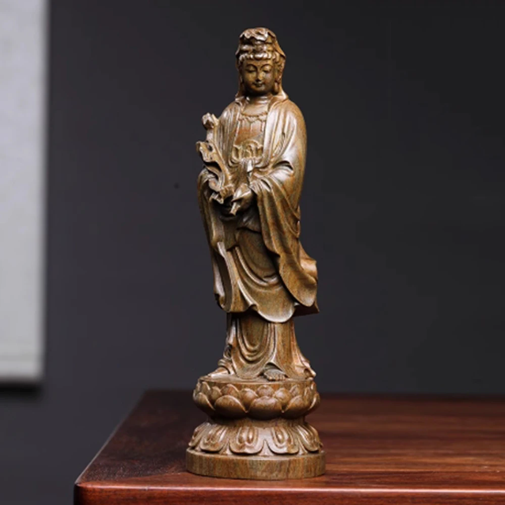 JW186- 17.8 CM Bodhisattva Guan Yin Green Sandalwood Sculpture Kuan Yin Buddha Figurine Decoration Craft Gift Miniatur Ornaments