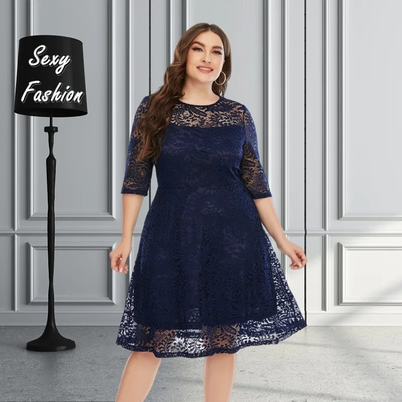 

XL-5XL Dresses for Women 2023 Plus Size Summer Clothing Short Sleeve Lace Hollow Loose Sexy Cusual Party Midi Dress Dropshipping