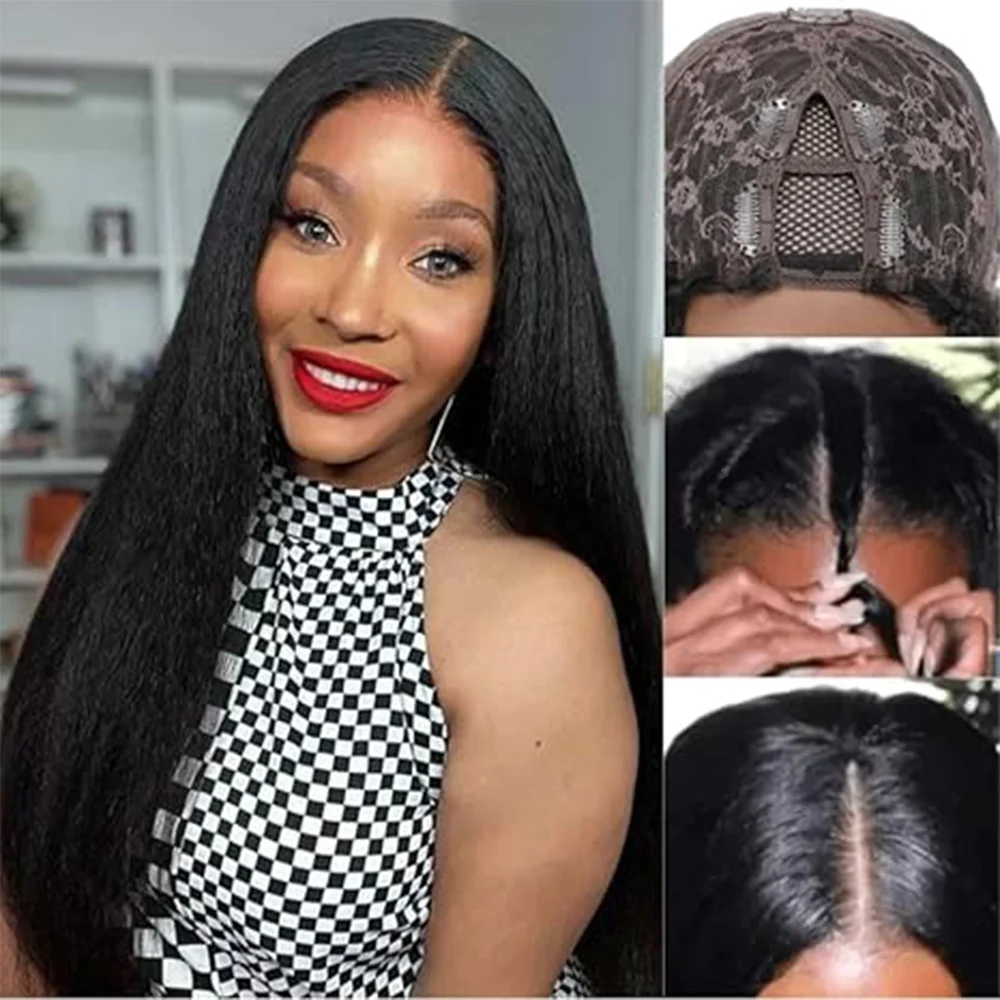 V Part Full Machine Straight Human Hair Wigs Remy Hair Brazilian Natural Black No Leave Out Upgrade Human Hair Wig 12-32 Inches