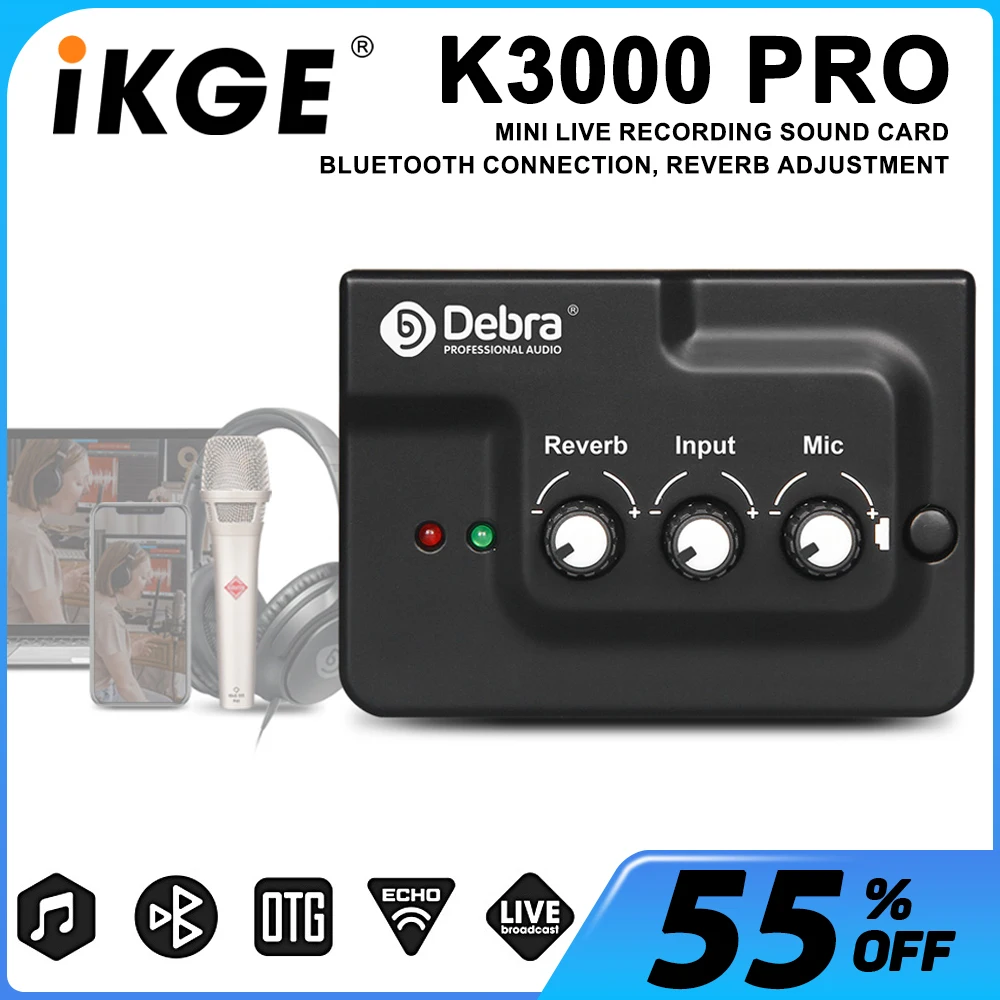 K3000 Pro Mini Live Recording Sound Card, Audio Mixer with Bluetooth DSP Reverb Effect, Built-in Li-Ion Battery, for Smartphone