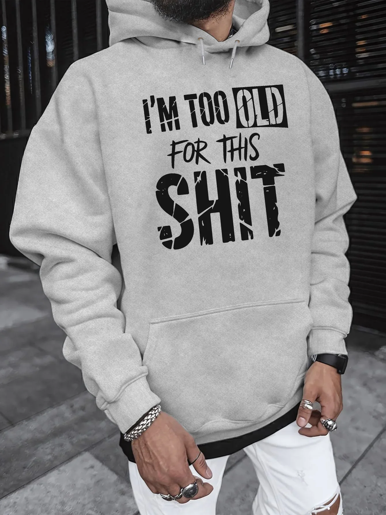 Men Casual Humor Hoodie Sarcastic Aging Vibe Cracked Letter Chest Print Long Sleeve Loose Pullover Autumn Winter Fleece Lined