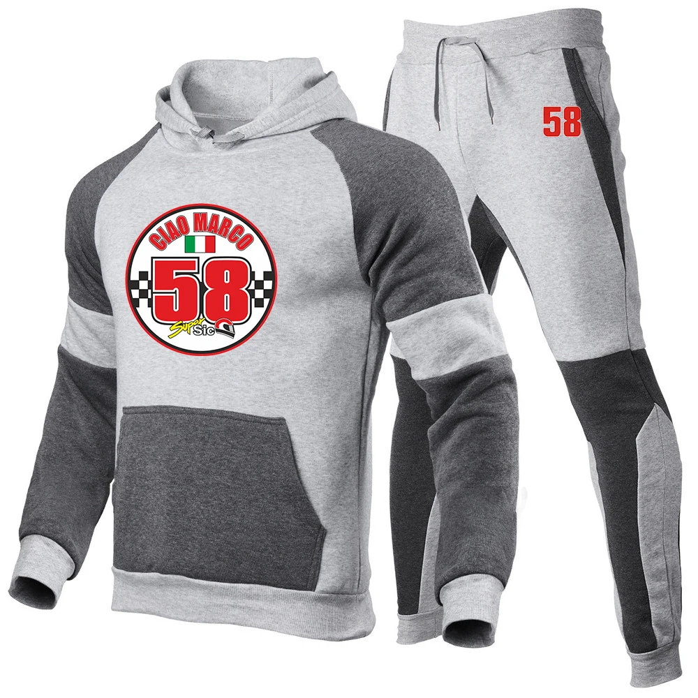 2024 New Spring and Autumn Men Marco Simoncelli Super Sic 58 Casual Joggers Hooded Sportswear Jackets Tricolor Splice Tops Sets