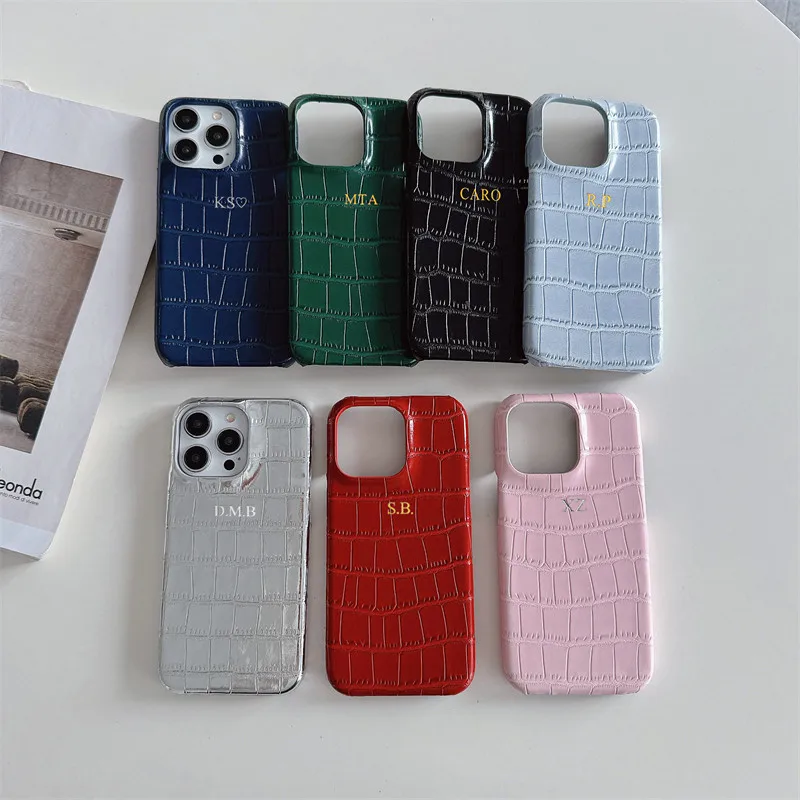 Personalise Gold Silver Initial Crocodile Luxury Leather PU Cases For Iphone 14 12 11 13 15 16 17 Pro Max 14 15 plus Hard  Cover