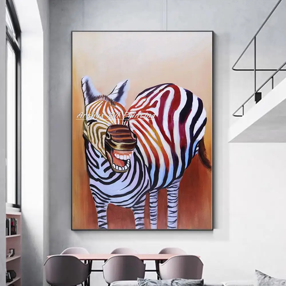 Arthyx Handpainted A Zebra Oil Paintings On Canvas,Handmade Modern Abstract Animal Pop Art Wall Picture For Kids Room,Home Decor