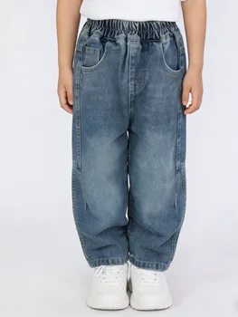 Boys Baggy Denim Jeans 4 Boys Light Blue Vintage Wash Denim Jeans Kids Paneled Loose Fit Baggy Pants Children Elastic Waist Casual Trousers 2026 New 4