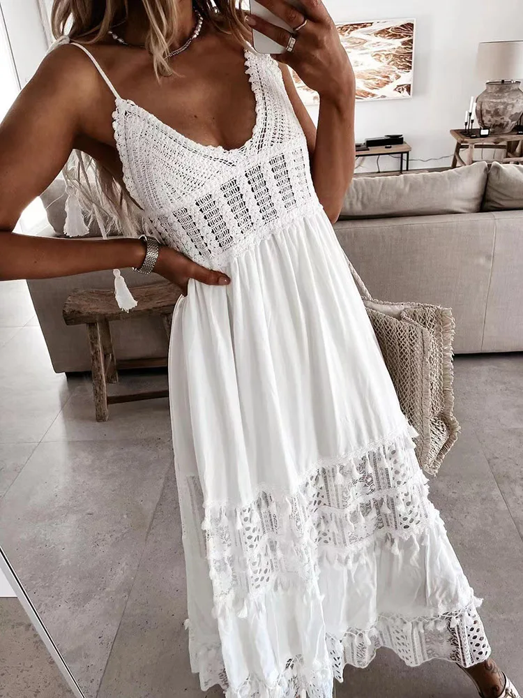 

Slim Tassel Dr Lace Splicing Women's Skirt Casual Sle MidSummer Season Long Sve Bateau Ne Hollow out Svel