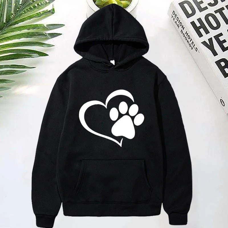 Cute Dog Paw and Heart Shape Print Hoodies Women Casual Long Sleeve Hoodies Autumn Winter Pullovers Plus Size