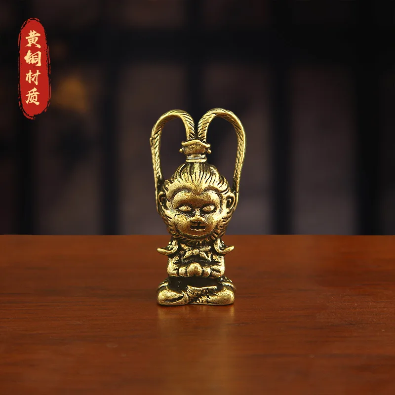 Black Myth Sun Wukong Hellfire Brass Figurine, a unique retro zodiac monkey desktop tea pet, a small bronze craft