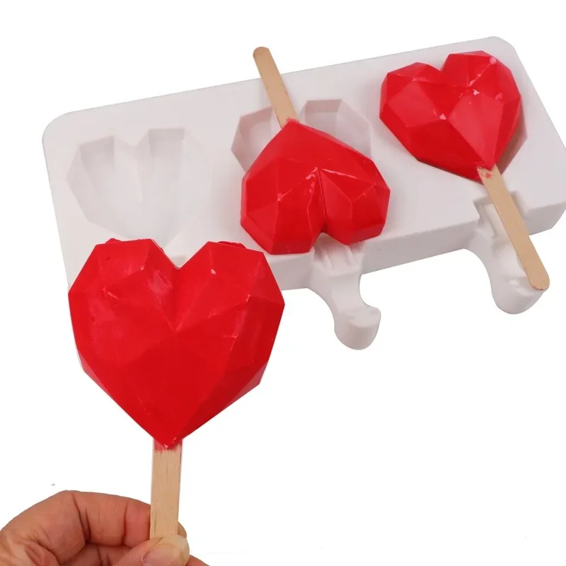 3 heart diamonds Heart Silicone Popsicle Mold for Valentine's Day DIY Ice Cream Chocolate Dessert Ice Cube Tray Baking Tools