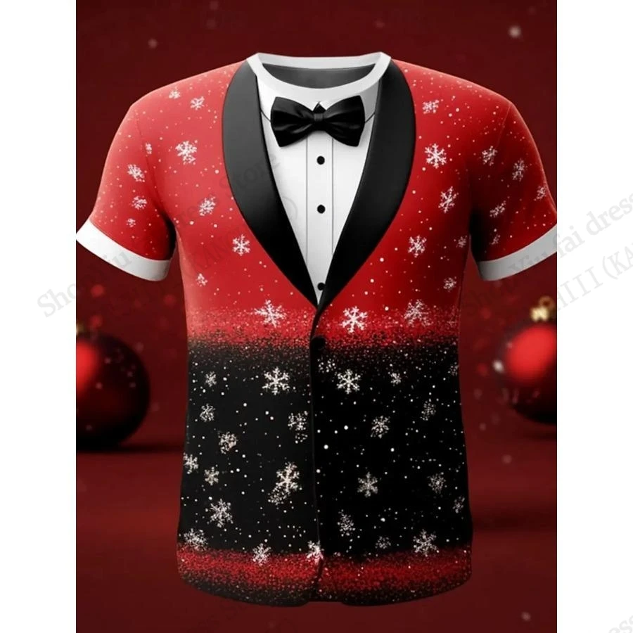 Christmas Tree Snowflake Tie 3D Print T-shirt Men Women Fashion Christmas Short Sleeve Tops Tees Fake Xmas T-shirt Mens Clothing