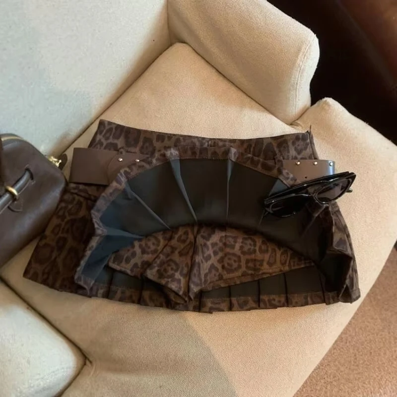 Falda Corta Estilo Y2K para Mujer, Estampado de Leopardo, Cintura Alta, Corte en A, Plisada, Estilo Retro Americano, Mini Falda Sexy para Chicas, Ropa Urbana