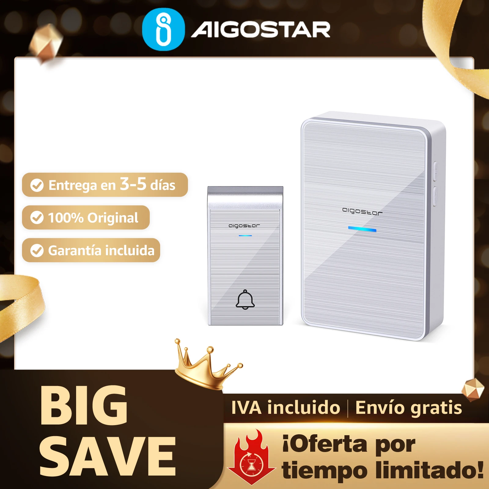 Aigostar Bell DC - Timbre inalámbrico IP44 para exterior, LED, 36 melodías, 1 receptor y 1 transmisor