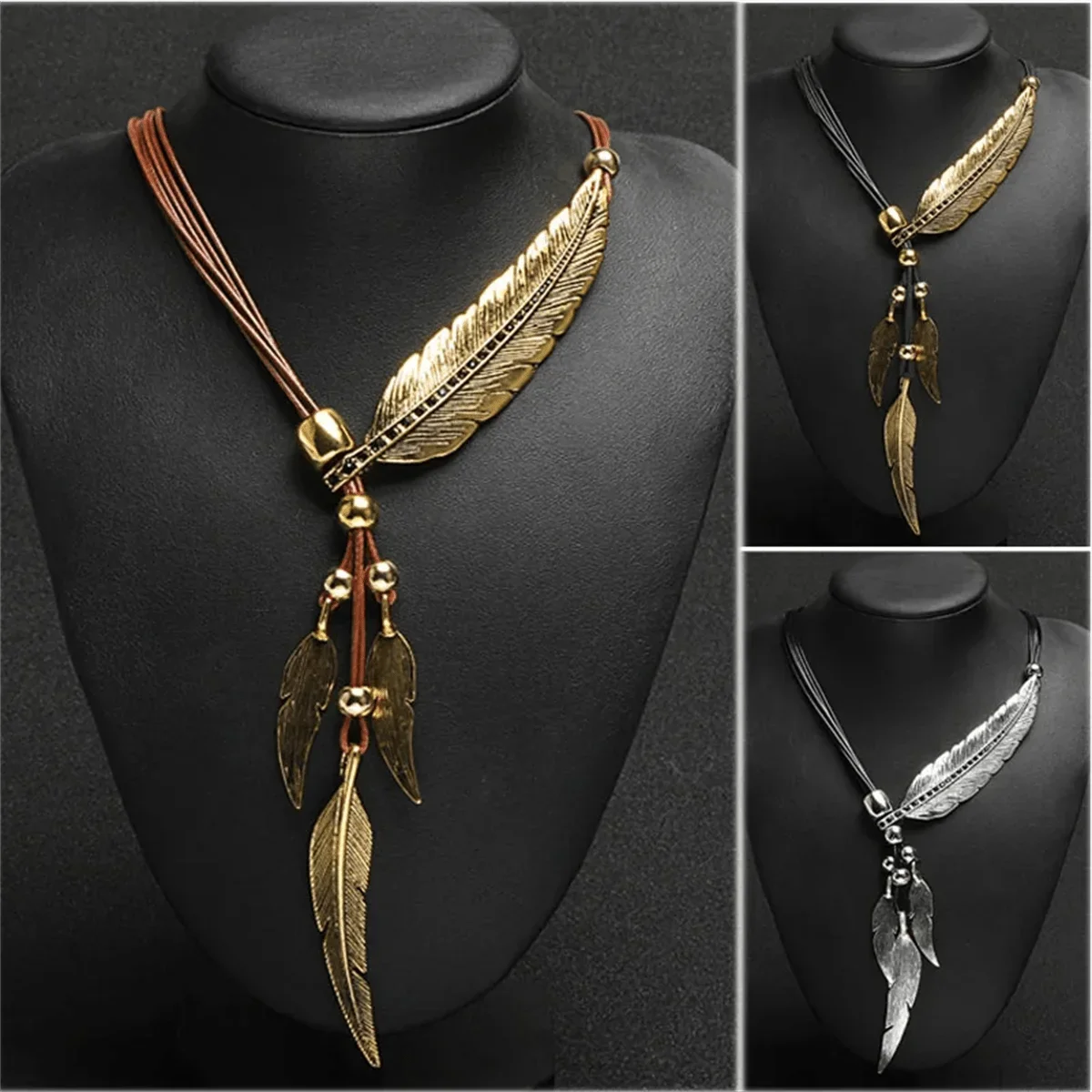 Boho Feather Pendant Necklace with Rhinestone Detail and Leather Cord