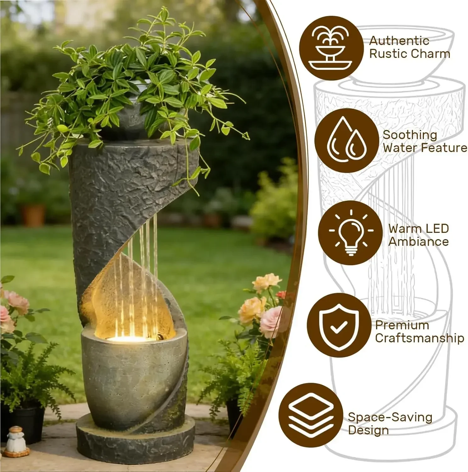 Outdoor Water Fountain with LED Light, Modern Spiral Tiered Outdoor Fountain with Stone Planter Curved Freestanding Waterfall Fo